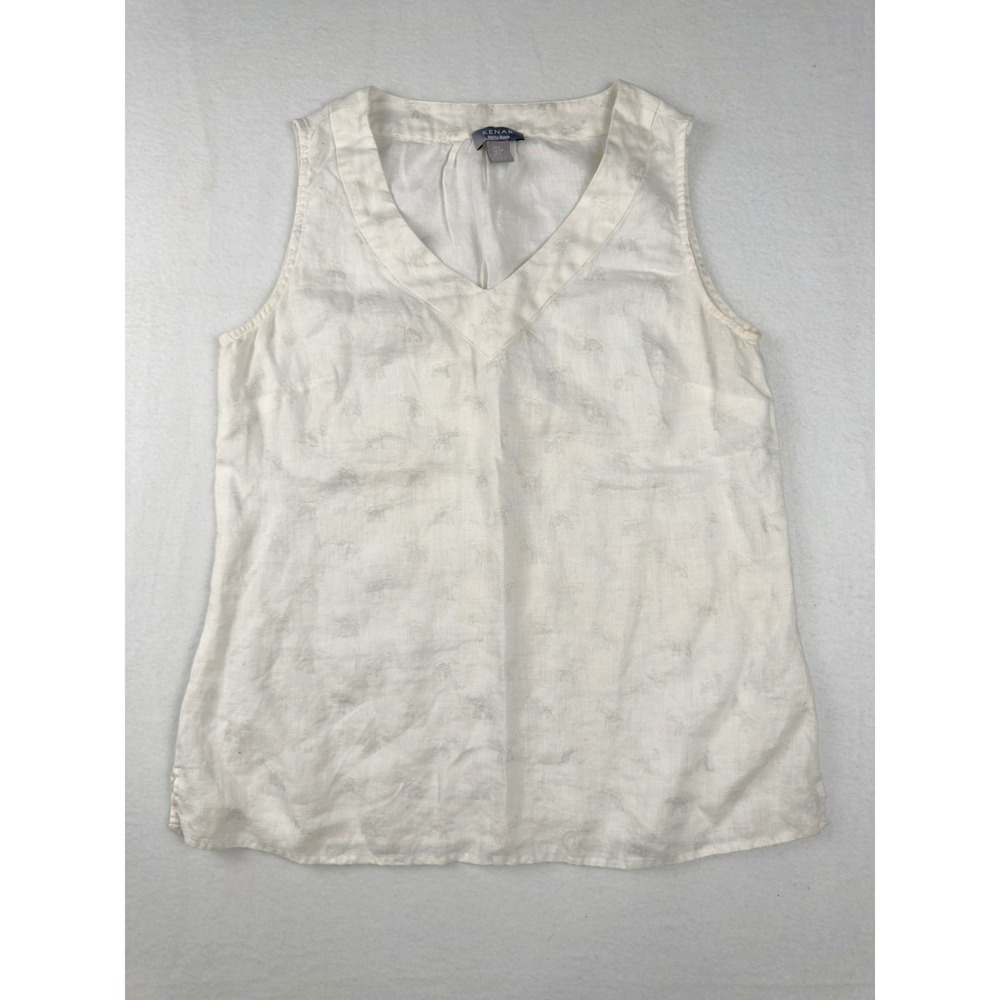 Kenar Womens White 100% Linen Elephant Print V-Neck Sleeveless Shell Top Size S